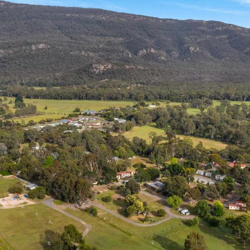 View of Breeze Holiday Parks - Halls Gap from the air. Which Breeze Park Matches Your Holiday Personality?