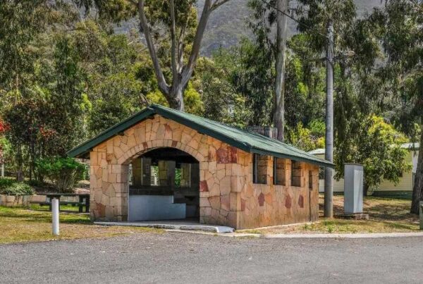 Stone hut fire place at Breeze Holiday Parks - Halls Gap
