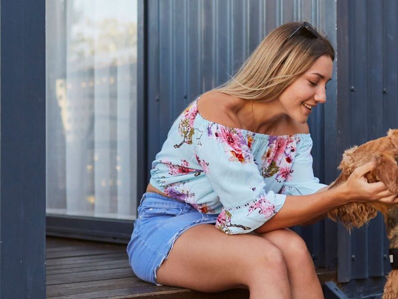 Women and dog at a cabin in Breeze Busselton, Midweek stays 25% off