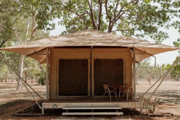 Breeze Holiday Parks - Katherine, Safari Tent exterior, with deck and sitting area